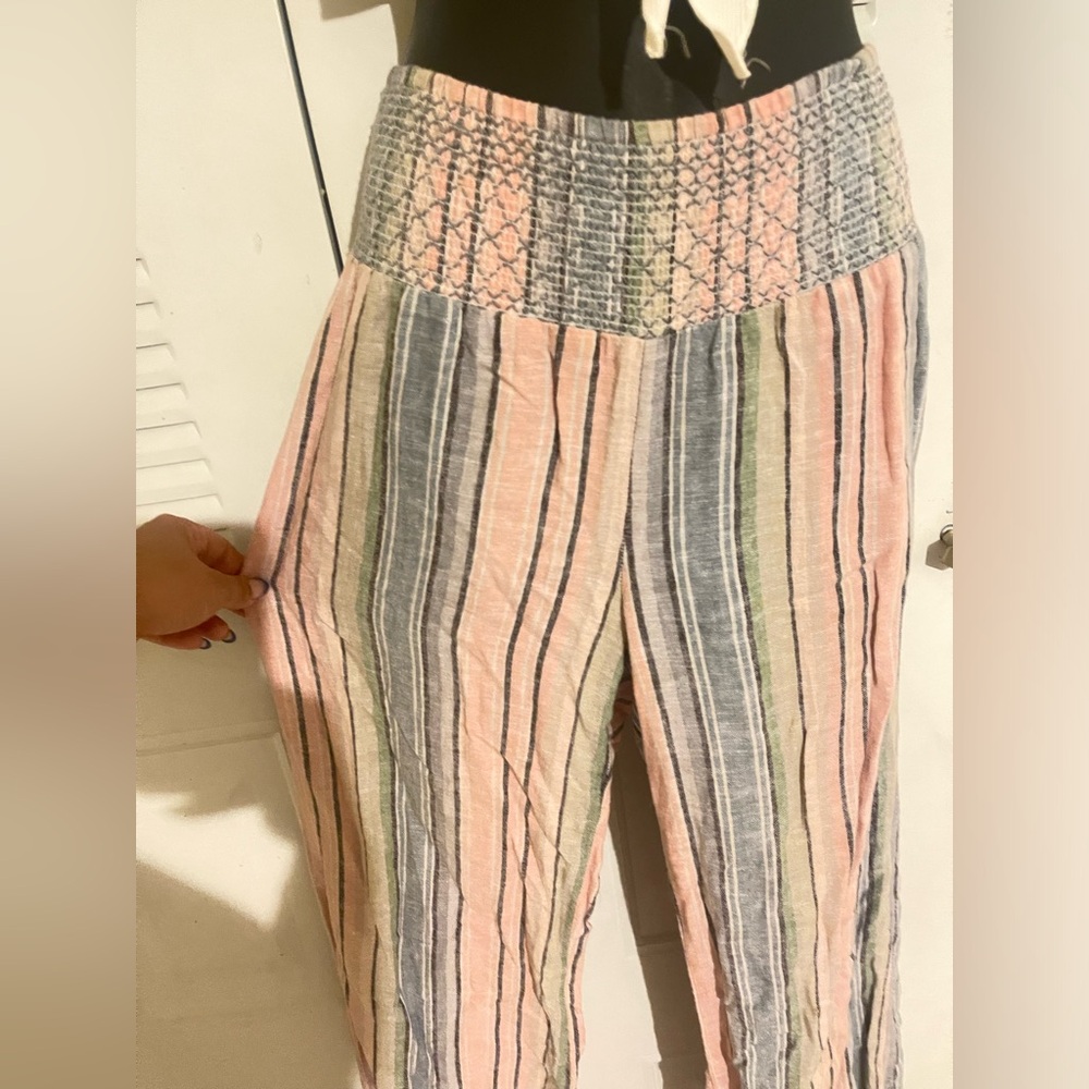 Elastic waist band high waisted linen pants